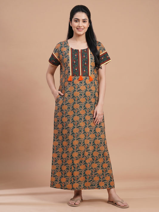 Women_blue_orange floral_nightgown_nighty_maternity_maternity_ pockets