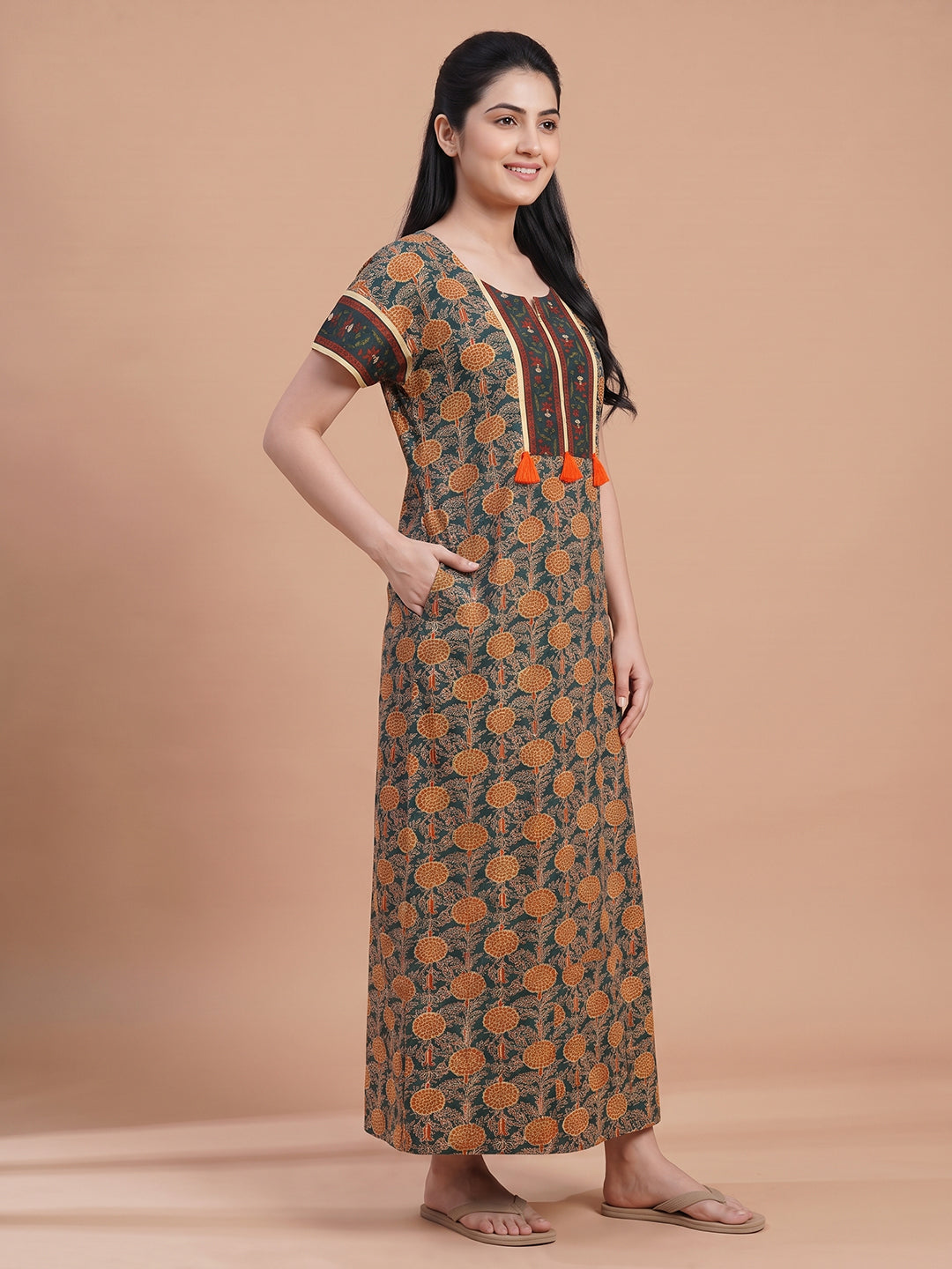 Women_blue_orange floral_nightgown_nighty_maternity_ side pockets