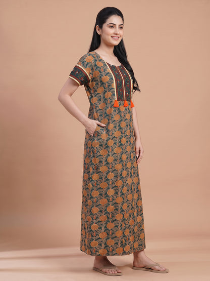 Women_blue_orange floral_nightgown_nighty_maternity_ side pockets
