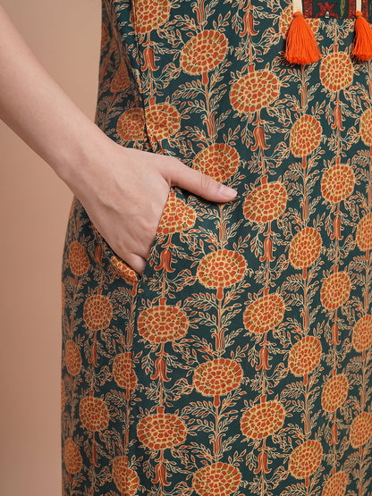 Women_blue_orange floral_nightgown_nighty_maternity pockets