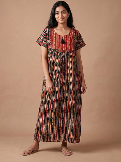 Women red black stripes nightgown nighty maternity 
