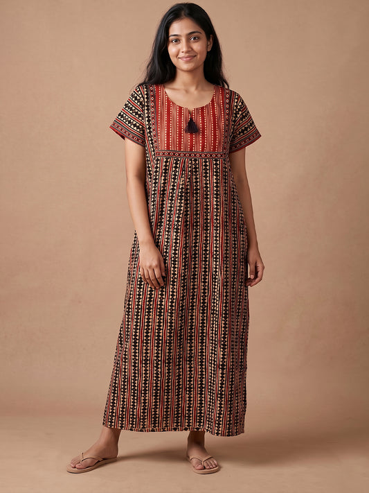 Women red black stripes nightgown nighty maternity 