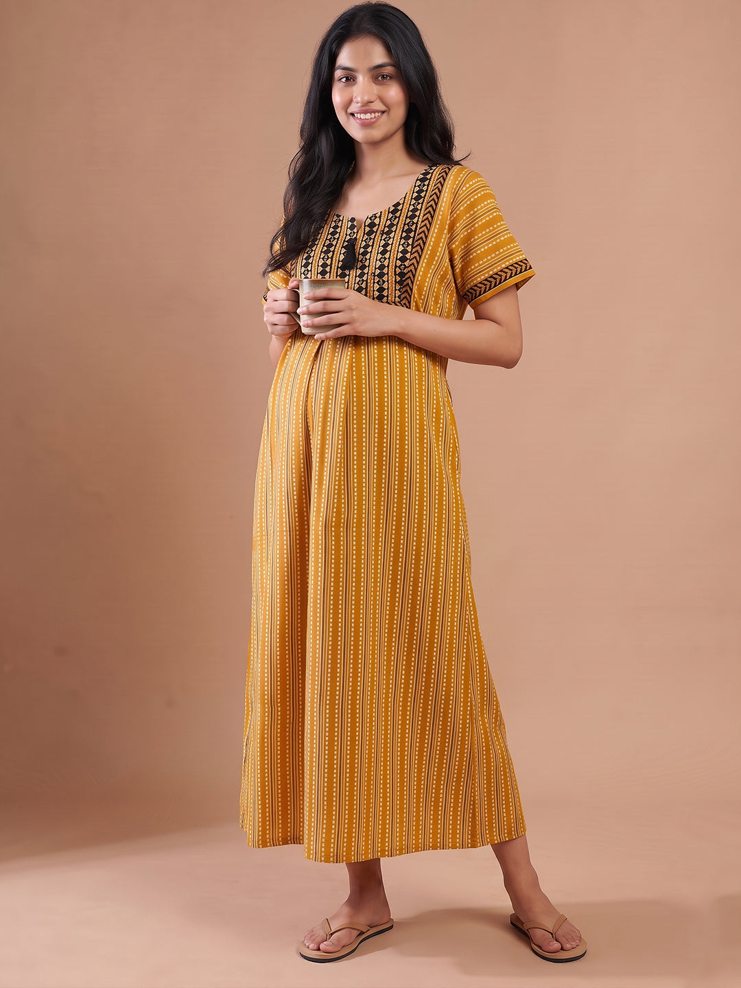 Women yellow stripes nightgown nighty maternity 