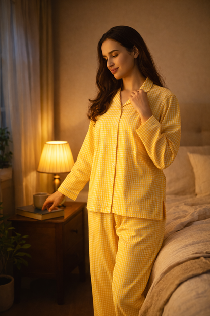 Woman in yellow checkered pajamas standing in a bedroom with warm lighting.