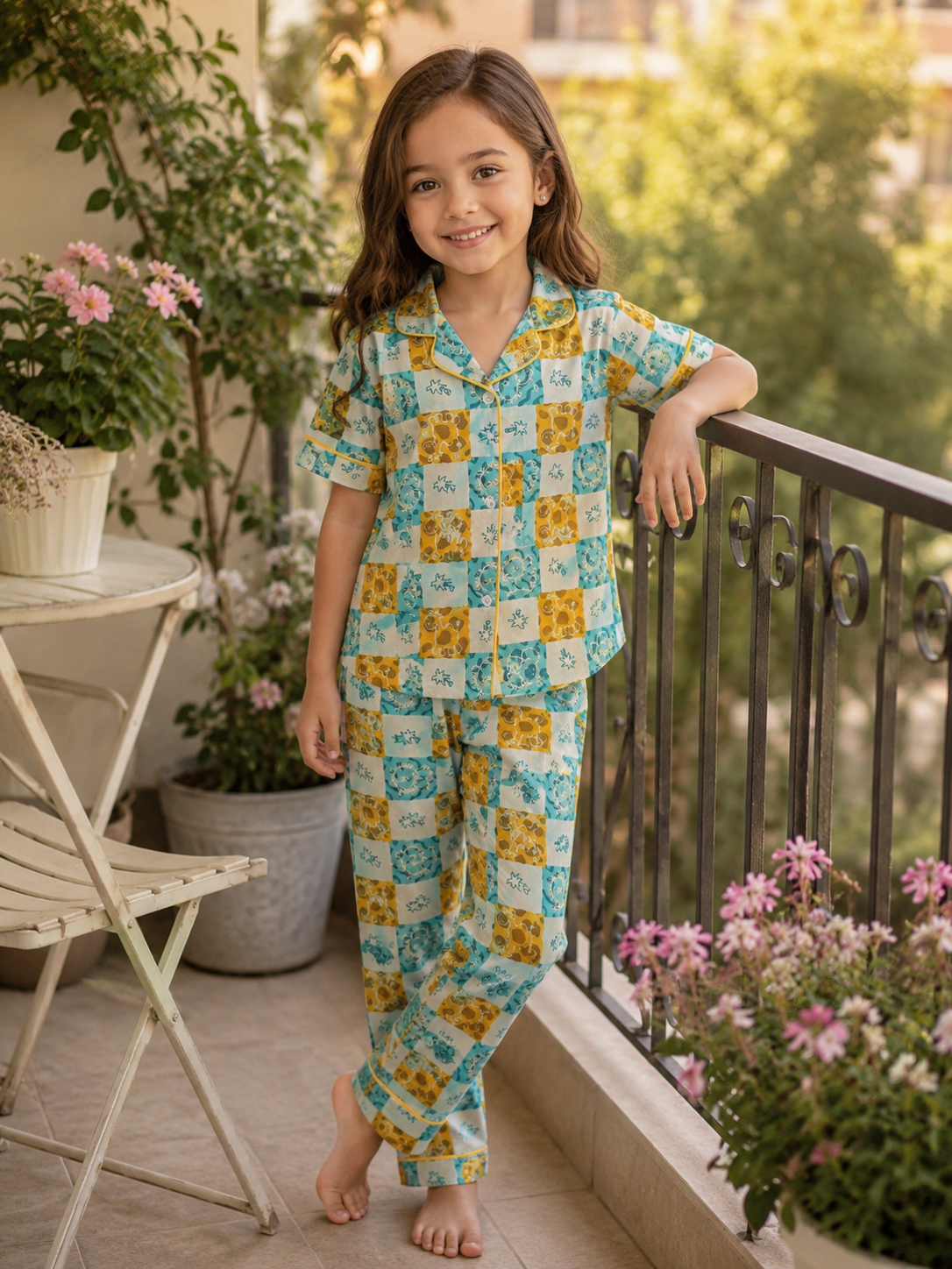Young girl in a floral pajama set standing on a balcony with plants and flowers.