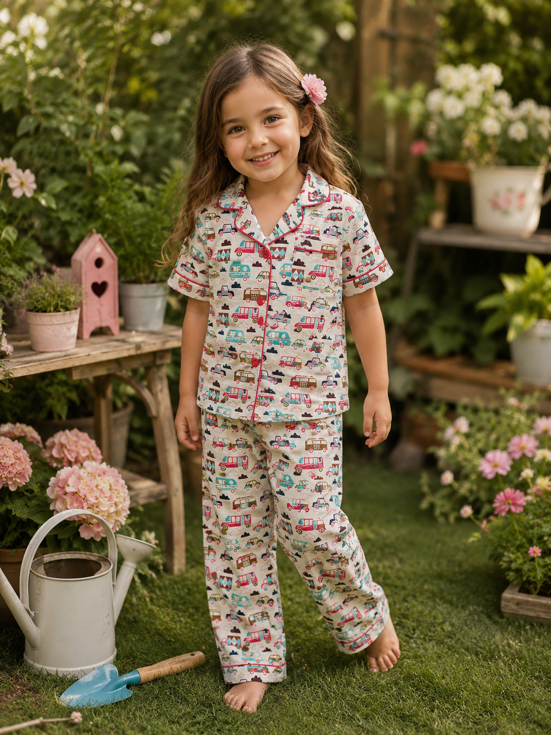 Young girl in pajamas standing in a garden with flowers and plants around.