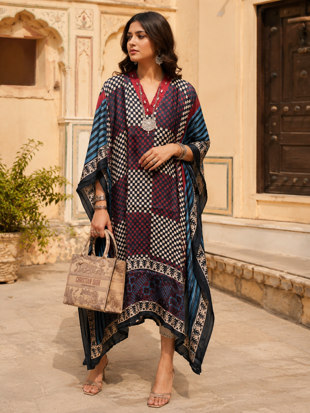Women's Black Ajrakh Checks Modal Silk Kaftan with V-Neck and Relaxed Loose Fit.