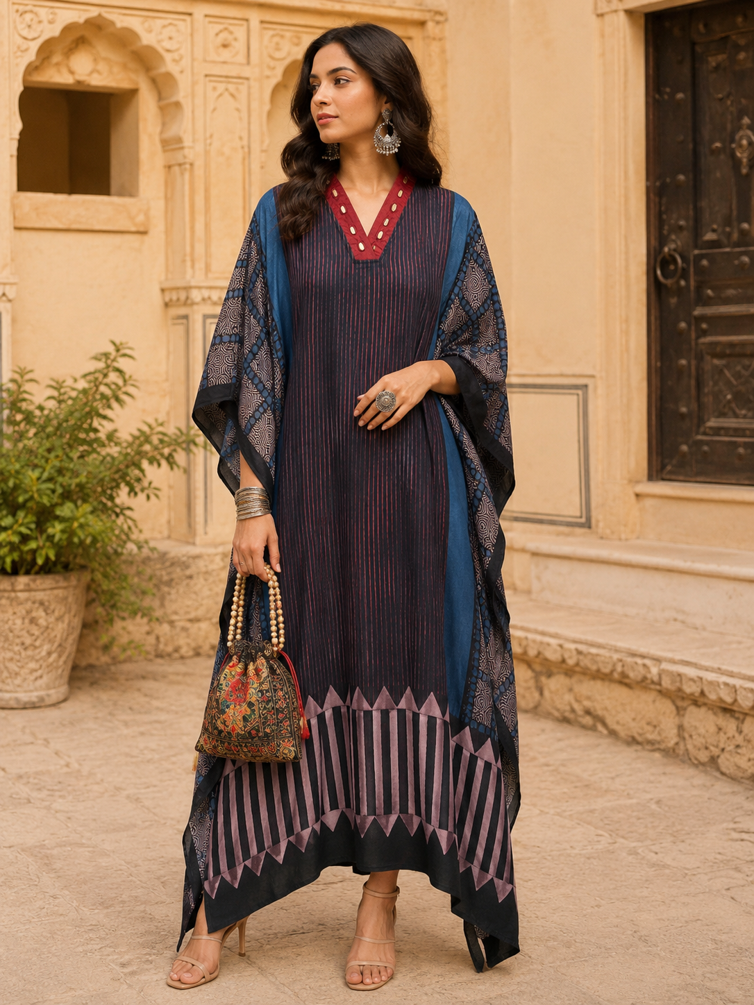 Women's Black Ajrakh Stripes Print Modal Silk Kaftan with V-Neck and Relaxed Loose Fit.