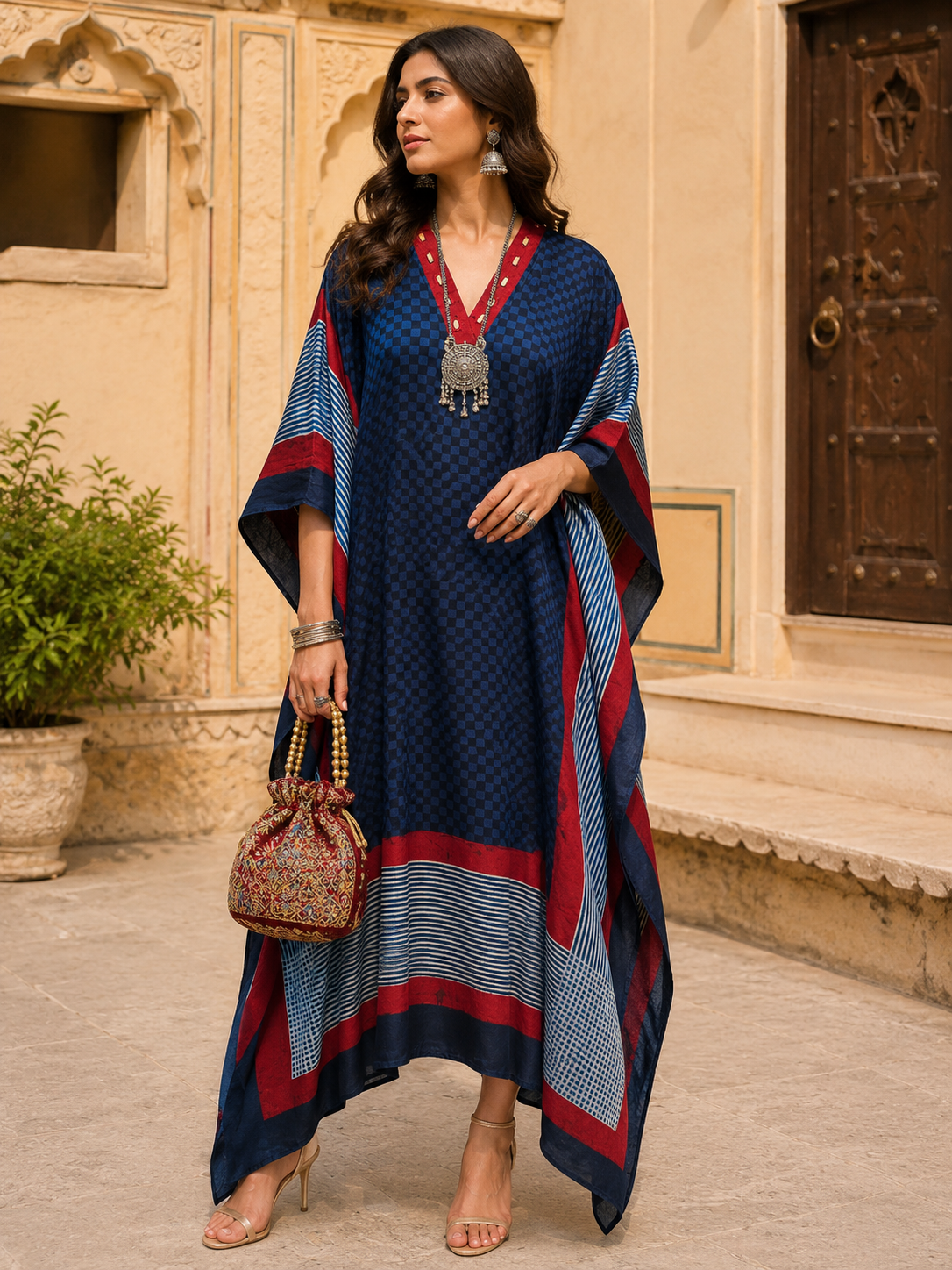 Women's Blue Ajrakh Checks Modal Silk Kaftan with V-Neck and Relaxed Loose Fit.