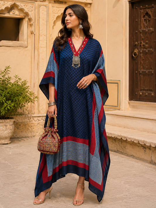 Women's Blue Ajrakh Checks Modal Silk Kaftan with V-Neck and Relaxed Loose Fit.