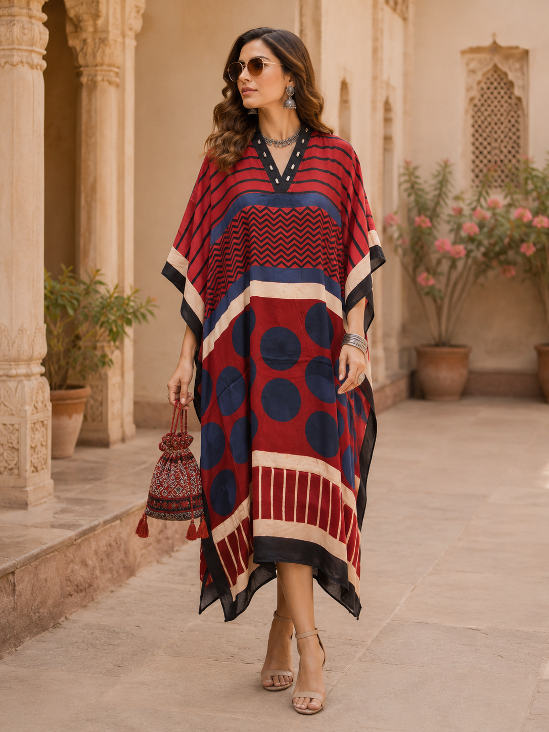 women's red modal silk kaftan featuring Ajrakh-inspired circle print, V-neck and relaxed fit.