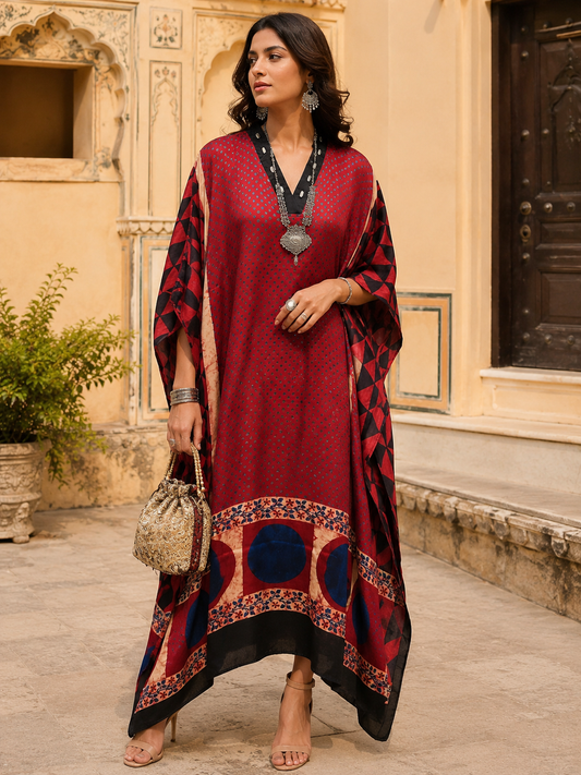 Women's Red Ajrakh Dots Print Modal Silk Kaftan with V-Neck and Relaxed Loose Fit.