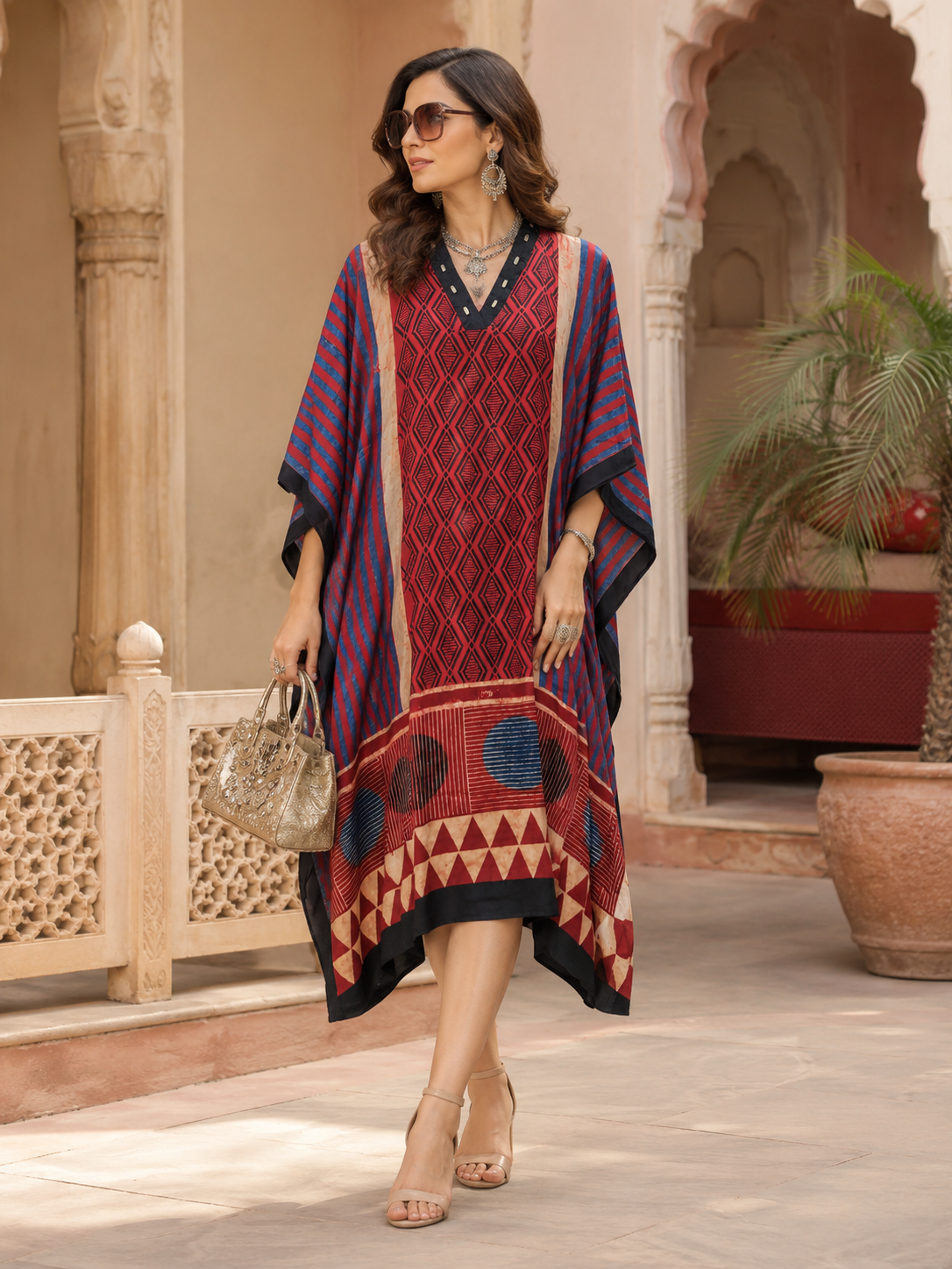 Women's Red Ajrakh Print Modal Silk Kaftan with V-Neck and Relaxed Loose Fit