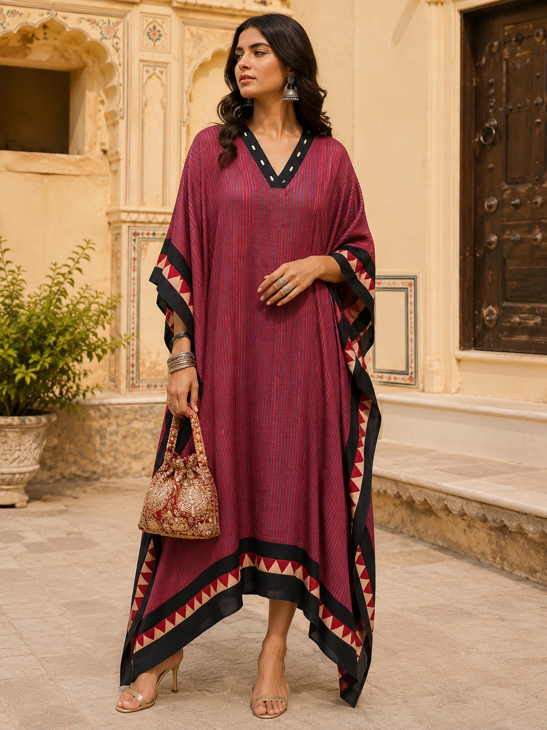 women's red modal silk kaftan with Ajrakh-inspired stripe print, V-neck and relaxed fit.