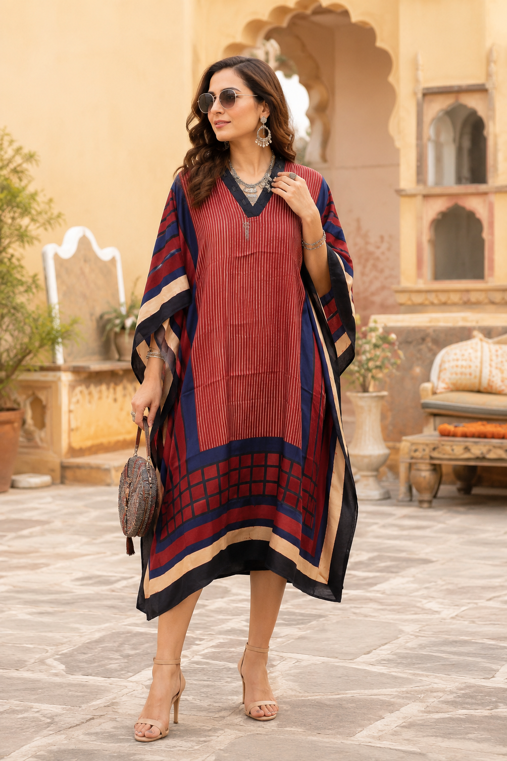 Women's Red Ajrakh Stripes Modal Silk Kaftan with V-neck and relaxed loose fit.