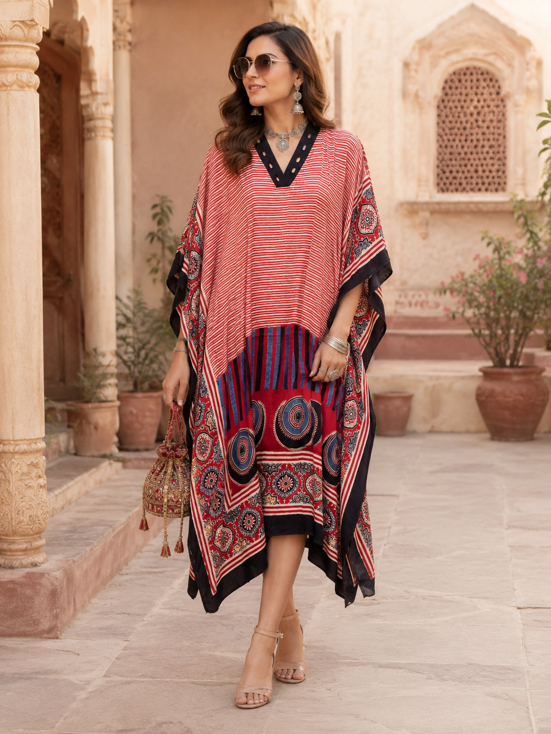 Women's Red Ajrakh Stripes Print Modal Silk Kaftan with V-Neck and Relaxed Loose Fit.