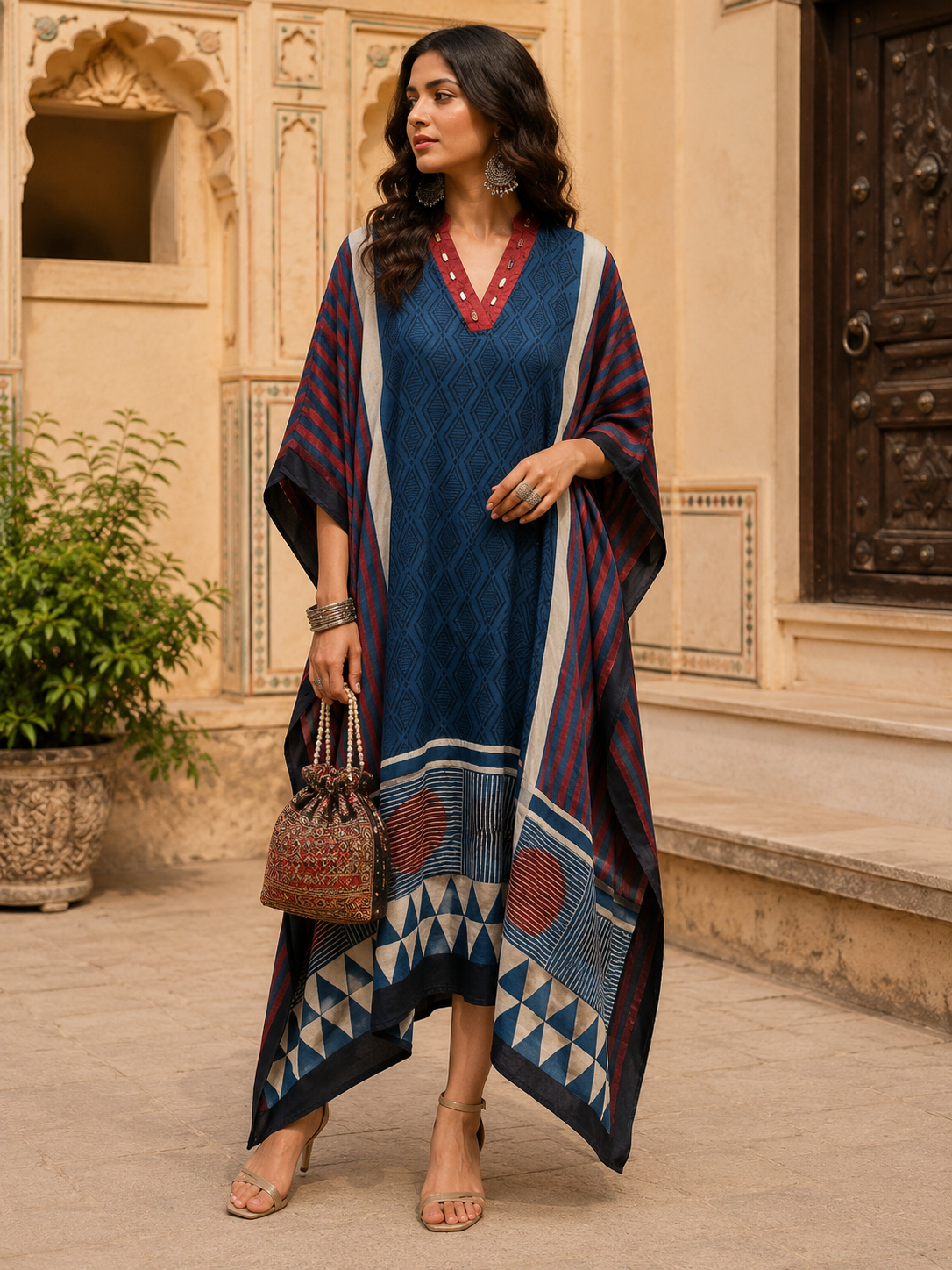 Women's Blue Ajrakh Diamond Print Modal Silk Kaftan with V-Neck and Relaxed Loose Fit.